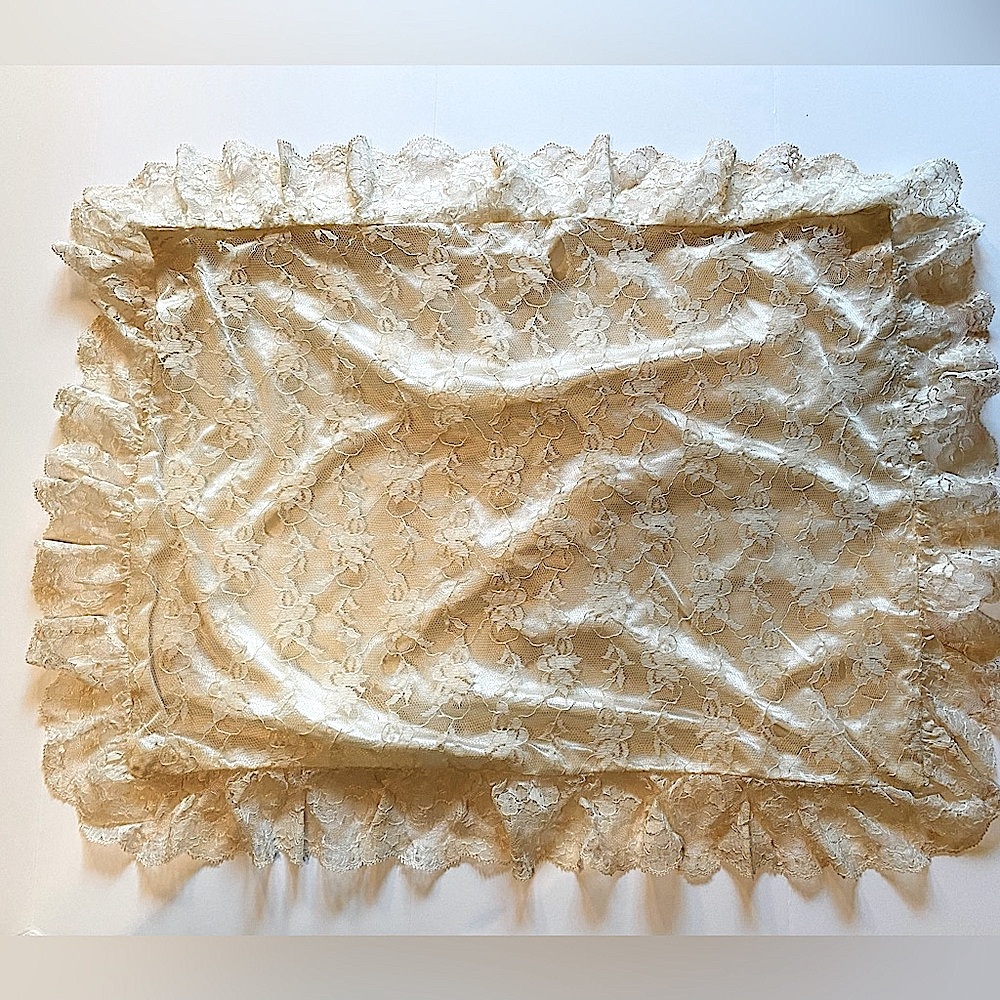 Antique Vintage Cream Satin and Lace Ruffled Full/Queen Size Pillow Case